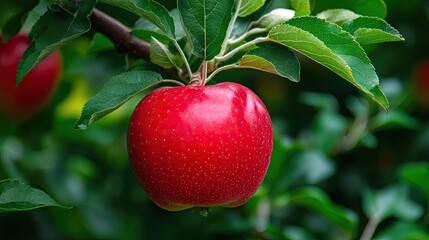 Bright Red Apple Hanging From Branch Surrounded By Green Leaves In Vibrant Orchard Setting