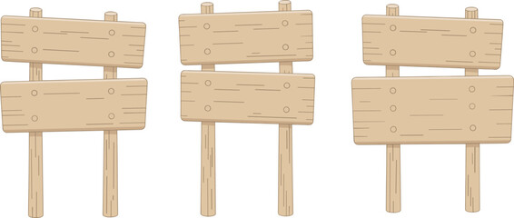 Wooden direction signboards with arrows on poles, outdoor illustration of empty wooden planks, natural texture design, navigation signage template, vector background