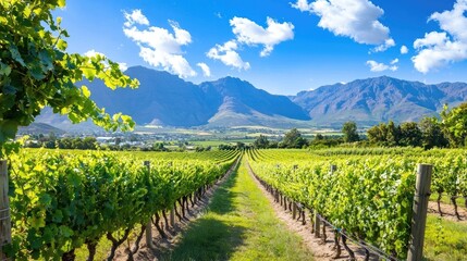 Fototapeta premium Scenic Vineyard Landscape with Lush Green Grapevines and Majestic Mountain Backdrop Under Clear Blue Sky