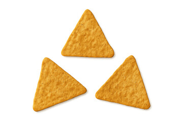 Fototapeta premium Three crispy tortilla chips arranged for mexican food, party snacks, or dipping, isolated with a transparent background