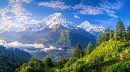 Fototapeta premium Majestic Snow-Capped Mountains Under Bright Blue Sky with Lush Green Landscape and Rolling Clouds in the Background