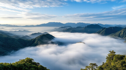 Soft blue morning fog over hills creates peaceful atmosphere in nature