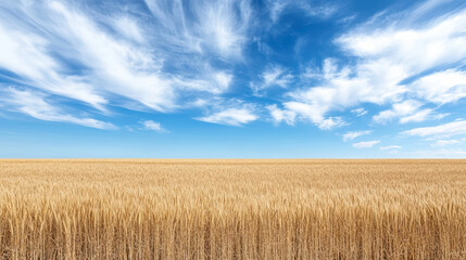 Golden field under soft blue sky evokes sense of peace and tranquility