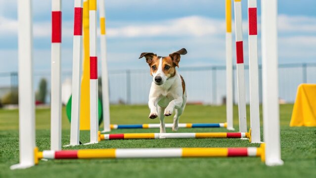 canine talent show A dog agility course with a dog running through colorful poles on a grassy field. - Powered by Adobe