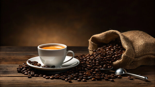 Freshly roasted coffee beans spill from burlap sack next to espresso cup