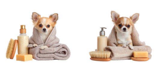 Pampered Chihuahua Puppy Wrapped in a Towel with Grooming Products isolated on a transparent background