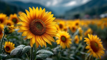 A field of sunflowers in full bloom with mountains in the background on a cloudy day in the countryside