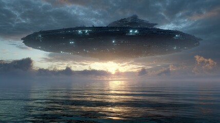 Ufo hovering over sea sunset