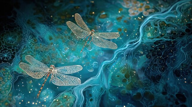 Dragonflies hovering over abstract blue background