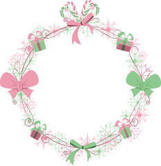 Intricate vector Christmas wreath of layered pink and mint green snowflakes, decorated with pastel gift boxes, bows, and candy canes, creating a sophisticated and elegant circular border.