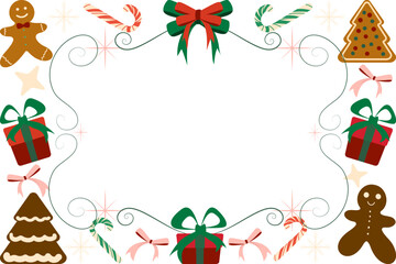 Intricate horizontal frame featuring a festive, swirling arrangement of gingerbread cookies, gift boxes, candy canes, and ribbons in Christmas colors, copy space for a holiday announcement or photo.