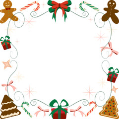 Detailed, festive square Christmas border of gingerbread cookies, candy canes, gift boxes, and swirling ribbons in a playful mix of traditional colors.