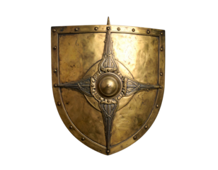 Golden shield, ornate starburst design, aged metal, rivets, dark background