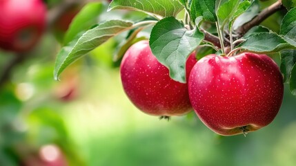 Obraz premium Fresh Red Apples Hanging on a Branch with Lush Green Leaves Under Soft Natural Light in an Orchard Setting