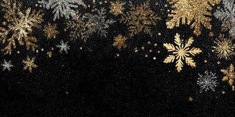 Glittering snowflakes adorn a sparkling dark background for winter celebration.