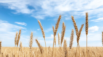 Fototapeta premium Golden wheat stalks sway gently under bright blue sky, evoking sense of peace and freedom