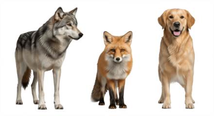 Set of Three Canine Animals – Wolf, Fox, and Dog Isolated on White Background – Wild and Domestic Canid Species Showcasing Strength, Agility, and Companionship for Wildlife and Educational Use