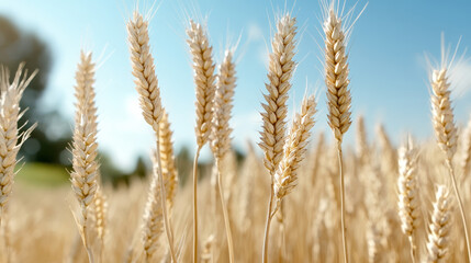 Fototapeta premium Golden wheat stalks sway gently clear blue sky, symbolizing rural tranquility and abundance