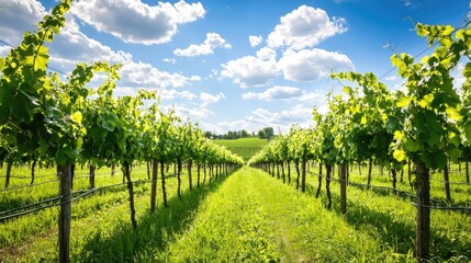 Naklejka premium Lush Green Vineyard Rows under Blue Sky with Fluffy Clouds on a Sunny Day in the Countryside Landscape