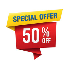 Eye-catching special offer graphic design 50 percent off red and yellow banner promotion transparent background