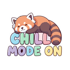 Chill Mode On cute t-shirt design with panda lying on letters, kawaii pastel vector illustration