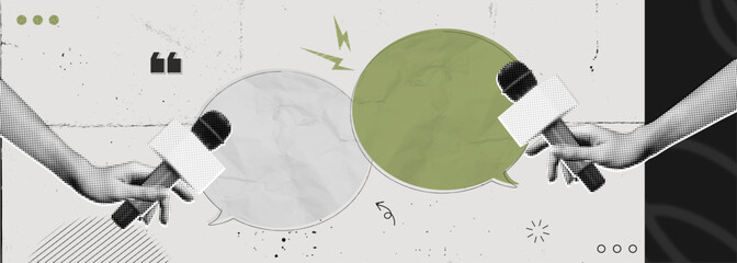 Naklejka na ściany i meble Trendy Halftone Collage Hands holding Microphones for social media interview and news. Speech bubble messages. Journalist and reporter. Broadcast recording. Retro vector illustration art Naklejka na ściany i meble Trendy Halftone Collage Hands holding Microphones for social media interview and news. Speech bubble messages. Journalist and reporter. Broadcast recording. Retro vector illustration art