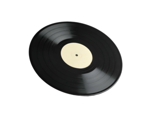A black vinyl record with a cream label, against a stark black background