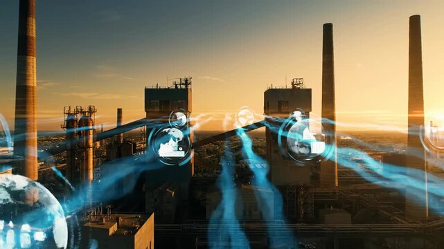 Breathtaking aerial video: industrial complex at golden hour, fiery sky, animating blue data lines, glowing nodes with digital icons. Smart city infrastructure concept