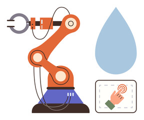 Robotic arm connected to a touchscreen for control, with a water droplet symbolizing sustainability. Ideal for automation, innovation, sustainability, manufacturing, future technology, robotics