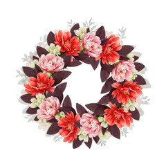Vibrant circular arrangement of blooming flowers a beautiful wreath of pink red and white petals transparent background