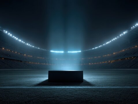 Dark Stadium with Spotlight on Empty Podium and Blue Light Beams arena sports