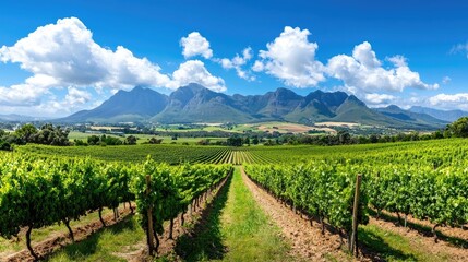 Fototapeta premium Scenic Vineyard Landscape with Lush Green Grapevines and Majestic Mountains Under Blue Sky
