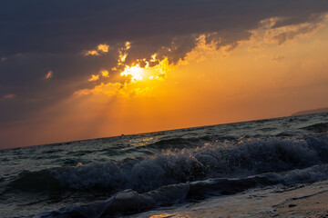 A beautiful sunset at sea. Landscape of a red sunset at sea.
