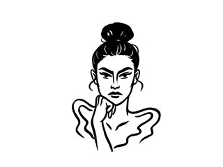 Obraz premium Fashion Line Art Portrait of a Confident Woman with Hair Bun Silhouette Transparent Background
