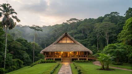 Fototapeta premium wildlife eco tourism A serene house surrounded by lush greenery in a tranquil forest setting.