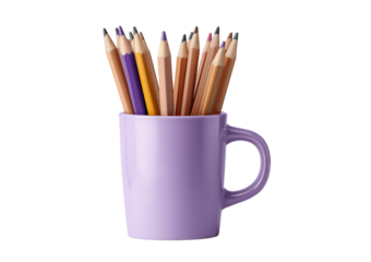 Colored pencils in a purple mug isolated on a transparent background