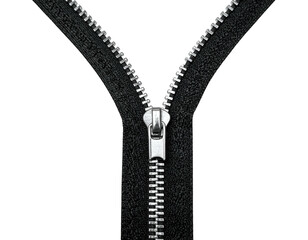 Close-up of a black zipper, partially unzipped, isolated against a solid black backdrop