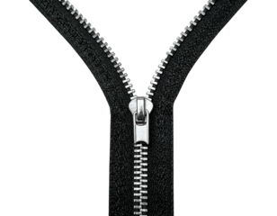 Close-up of a black zipper, partially unzipped, isolated against a solid black backdrop