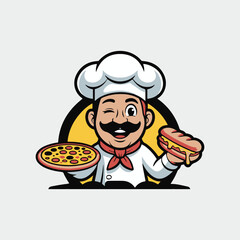 chef holding a pizza and a hot dog