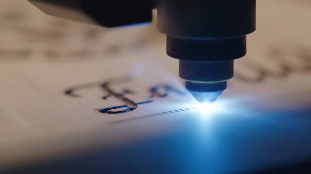 Close-up of Laser Engraver Machine Cutting Intricate Design on Wood Surface with Bright Light