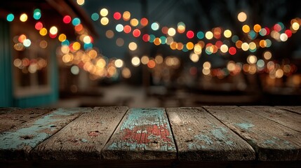 Distressed wooden table with colorful bokeh lights strung overhead in an outdoor setting weathered