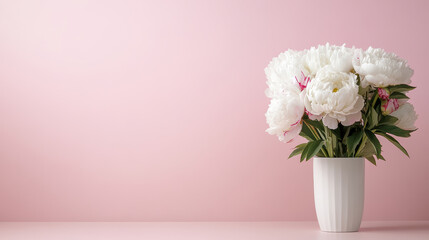 Fototapeta premium Elegant peony flowers in white vase against soft pink background create serene atmosphere