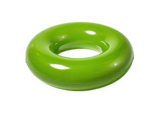 A vibrant green inflatable donut-shaped pool float isolated on a black background