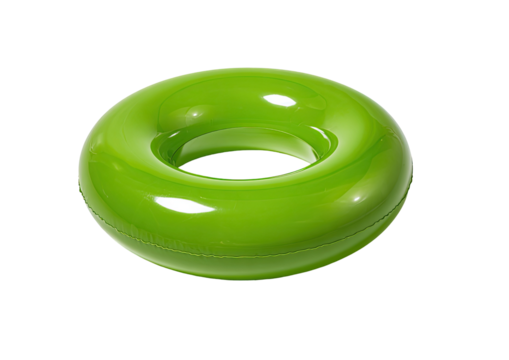 A vibrant green inflatable donut-shaped pool float isolated on a black background