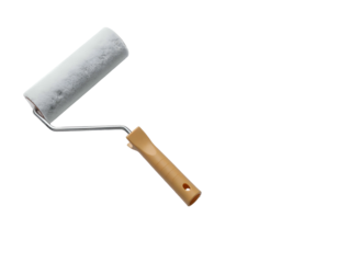 Paint roller tool angled against a black backdrop, showing handle and fluffy roller