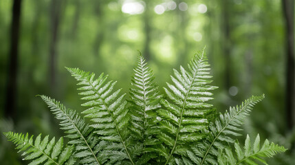 Lush green ferns in serene forest setting create tranquil atmosphere