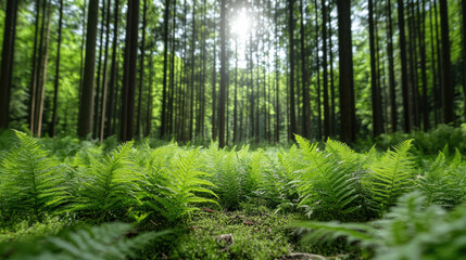 Lush green ferns in serene forest with tall trees and sunlight filtering through
