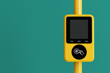 Public Transport And Access Concept. Yellow Bus Ticket Validator With Contactless Card Symbol. 3d Rendering