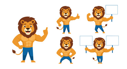 Lion cartoon character set with different poses and expressions.