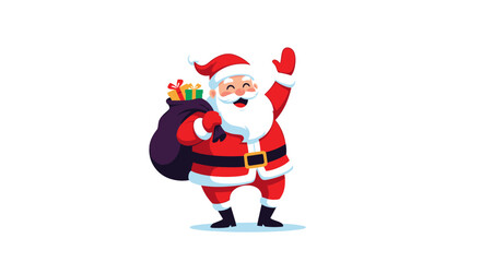 Santa Claus with a bag of gifts waving and smiling.